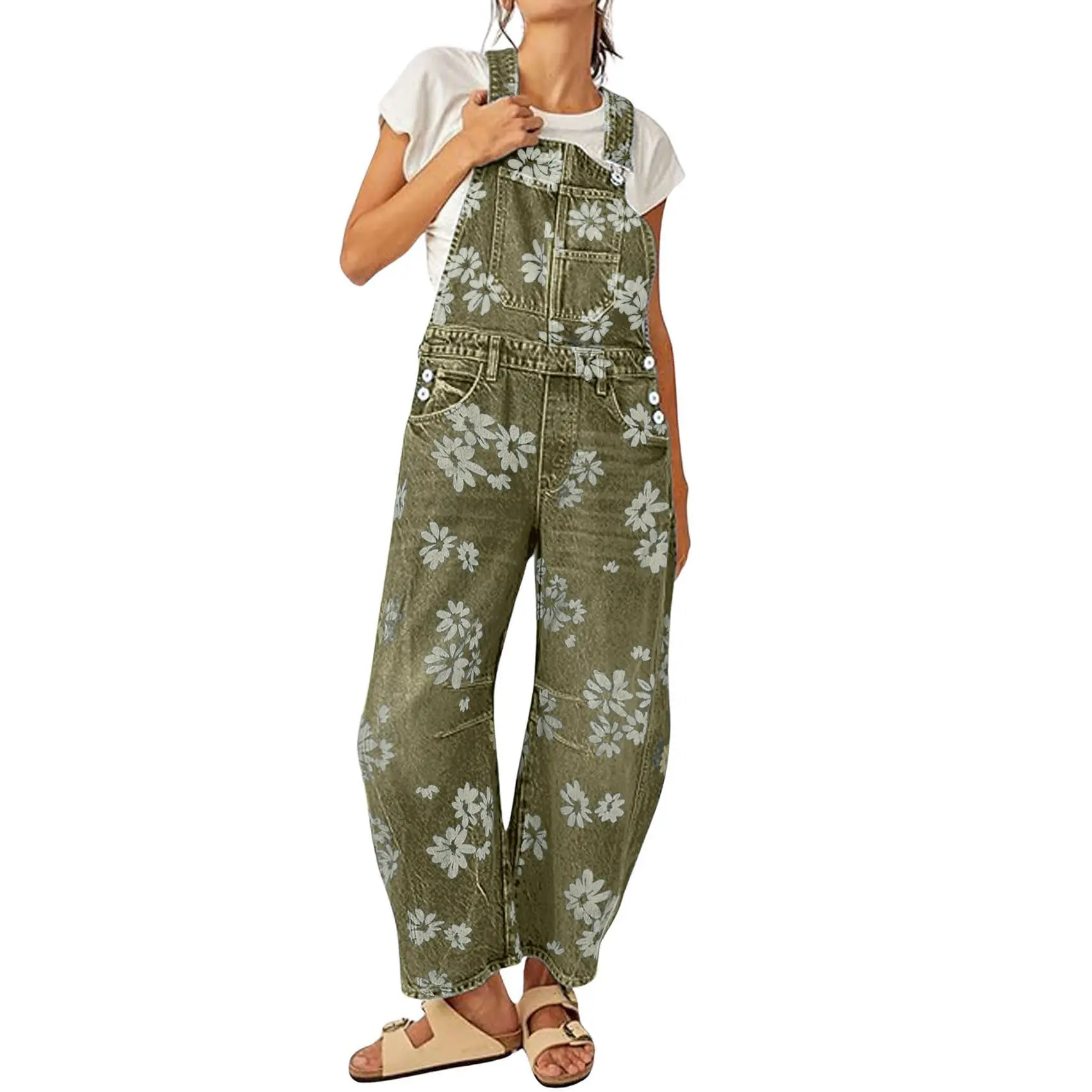 Chouyatou Women Y2K Floral Patchwork Denim Overalls Baggy Barrel Wide Leg One Piece Jumpsuit with Adjustable Straps