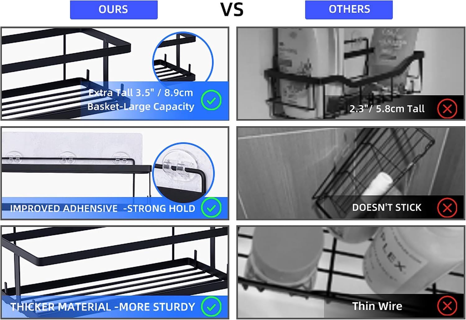 6 Pack Bathroom Adhesive Shower Shelves for Tile Wall Toiletry Kitchen Organizer and Large Capacity Bathtub Essentials Wall Rack Suction