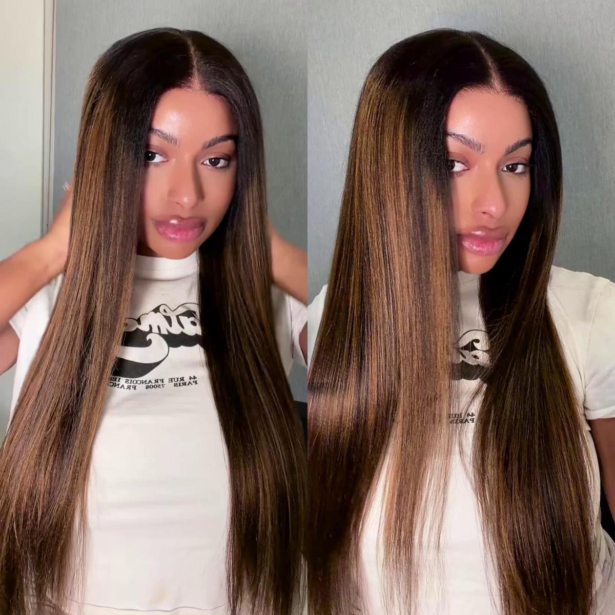UNice Glueless Balayage Highlights Yaki Straight Wig with Drawstring Pre Cut 13x4 HD Lace Frontal Human Hair with Invisible Knots Pre Everything for Beginners Friendly SpringStatements