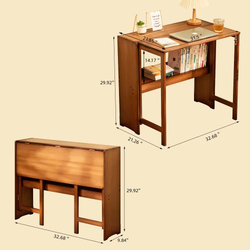 [Bellemave]Bamboo Folding Desk,Space-Saving Computer Desk for Small Spaces, Foldable Study Table for Bedroom, Home Office, Dorm, Apartment (Brown)