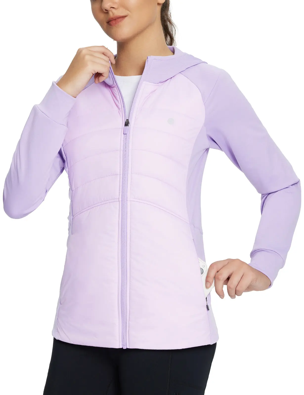 baleaf Women's Thermal Hybrid Jacket, Lightweight Insulated Puffer with Hood and Zip Pockets for Hiking & Running, Thermal Jacket