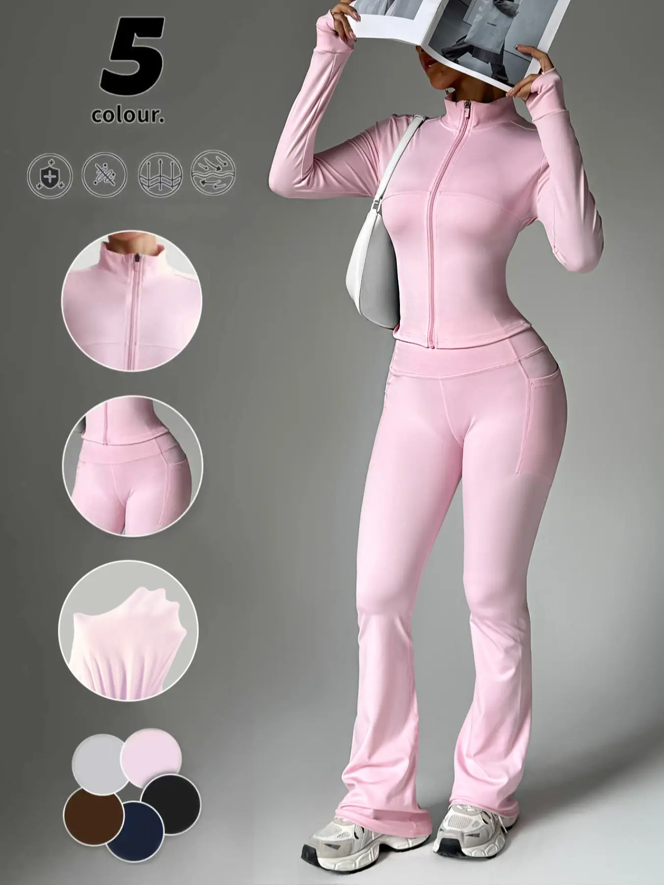Women's Solid Color Zipper Jacket & Pocket Flare Pants Set, Athleisure Activewear Set, Athleisure Workout Set, Yoga Clothes Set, Sportswear Set, Perfect for Yoga & Gym & Outdoor Use, Comfortable Breathable Outfit for Autumn Winter