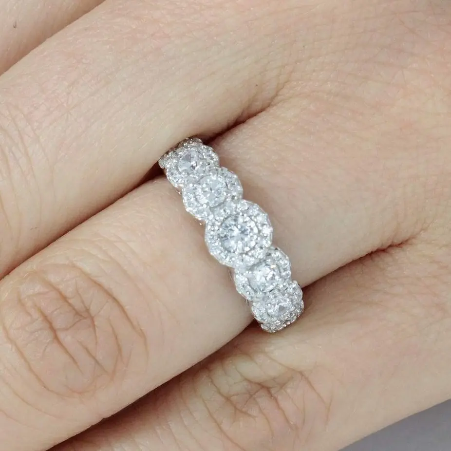 7-Stone Halos Bridal Wedding Ring Diamond Simulant Travel Ring Celebration Anniversary Ring 925 Sterling Silver Half Eternity CZ Engagement Ring Band Women Size 2-15 ML1328