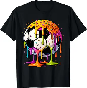 Colorful Dripping Soccer Art Sport Illustration Melting Ball T-Shirt - Crewneck Men Women Youth Boys Girl T-shirt Cotton Fabric