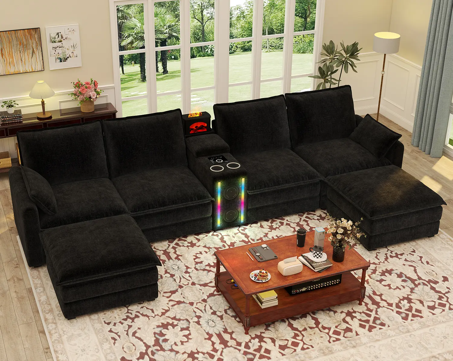 【4 Packages】141in Contemporary U-Shaped Chenille 6-Seat Sectional Couch with Fixed Arms, 2 Movable Ottomans, Storage, LED Lights, Wireless Charger, Speakers & Flame Humidifier, Multi-Functional Living Room Modular Cloud Sofa