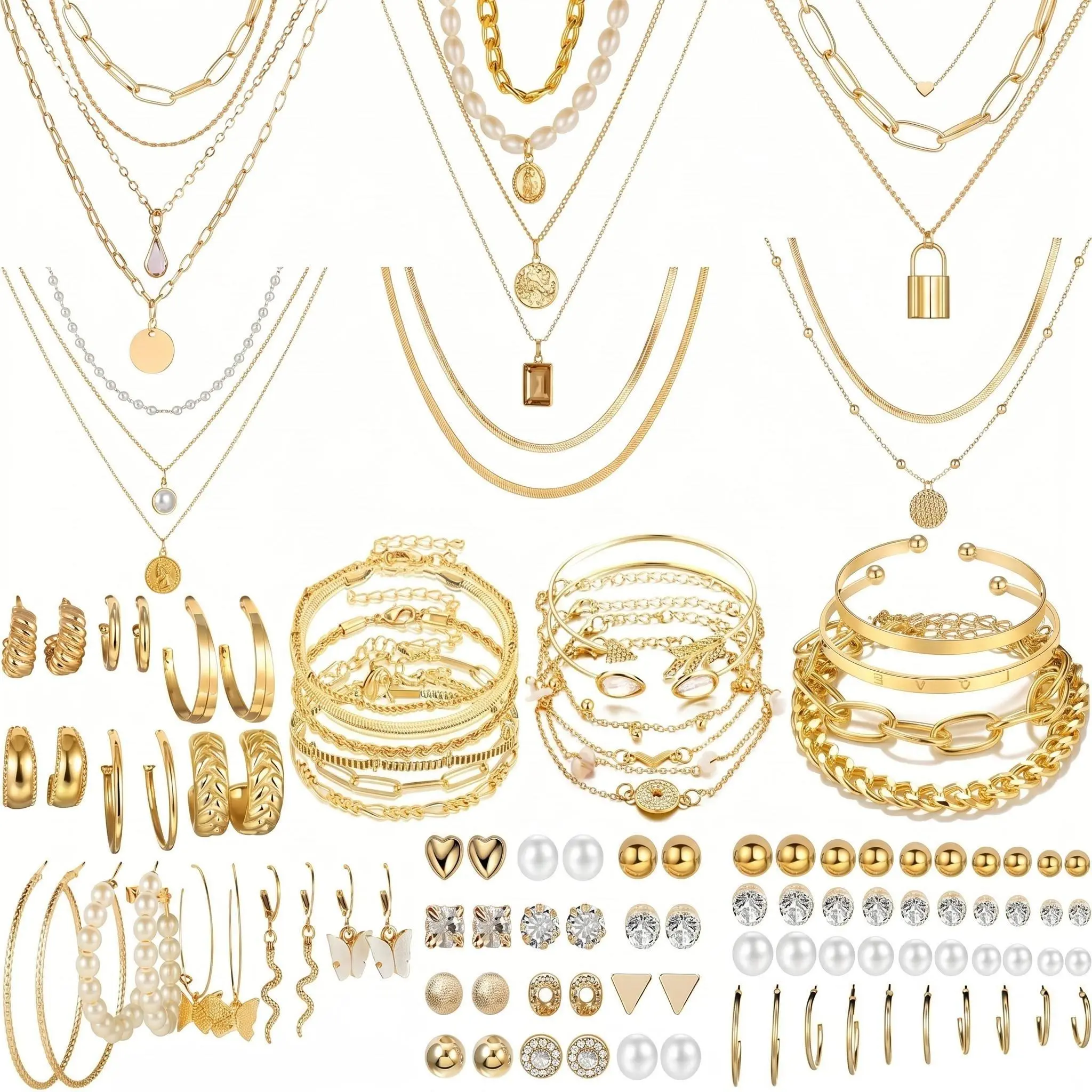 69 Pieces Gold Layered Alloy Jewelry Set, Dainty Multi-Layer Necklace Bracelet Earring Combo for Women, Geometric Rhinestone Accent Outfit Accessories for Daily Party Gifting Jewellery Gift Set
