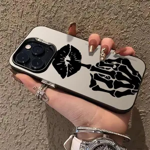 Goth Skeleton Middle Finger Lip Phone Case| Shockproof Protective| Edgy Goth Daily & Punk Gifting| Monochrome Gothic Silver Edge Aesthetic (Compatible with iPhone 12-17 Pro Max/Plus & Galaxy S22-S26 Edge/Ultra/FE)