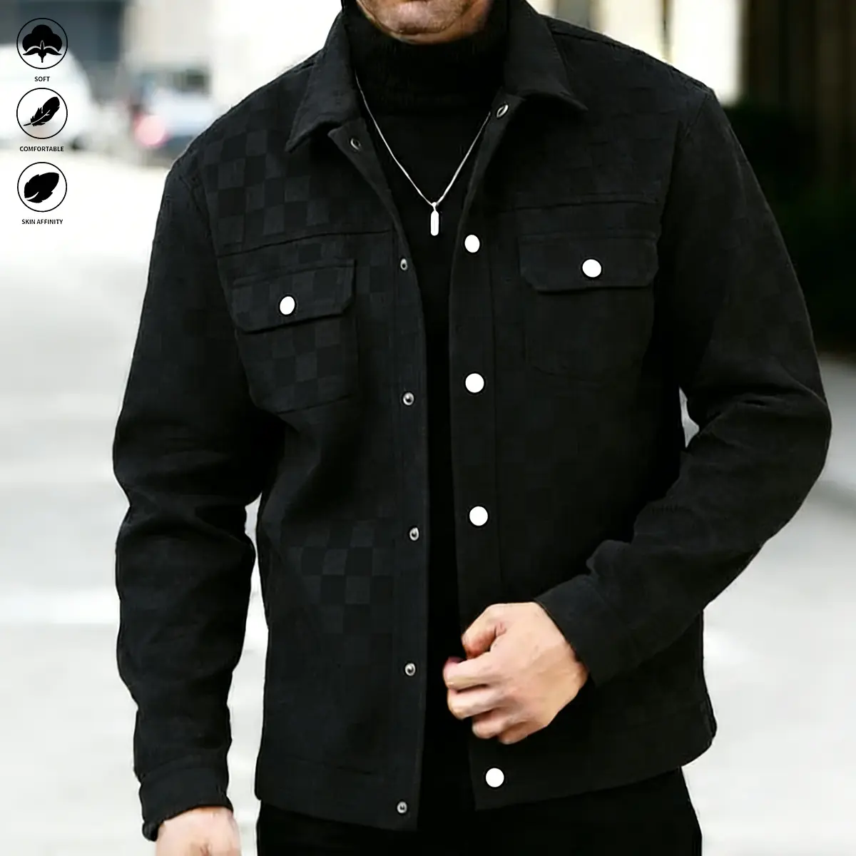 New Men's Black Printed Suede Jacket with Front Flap Pockets and Button Closure - Perfect for Fall Wear Stylish and Practical Outerwear Aesthetic Design Men's Fashion Outfit,back to school,back to school shopping