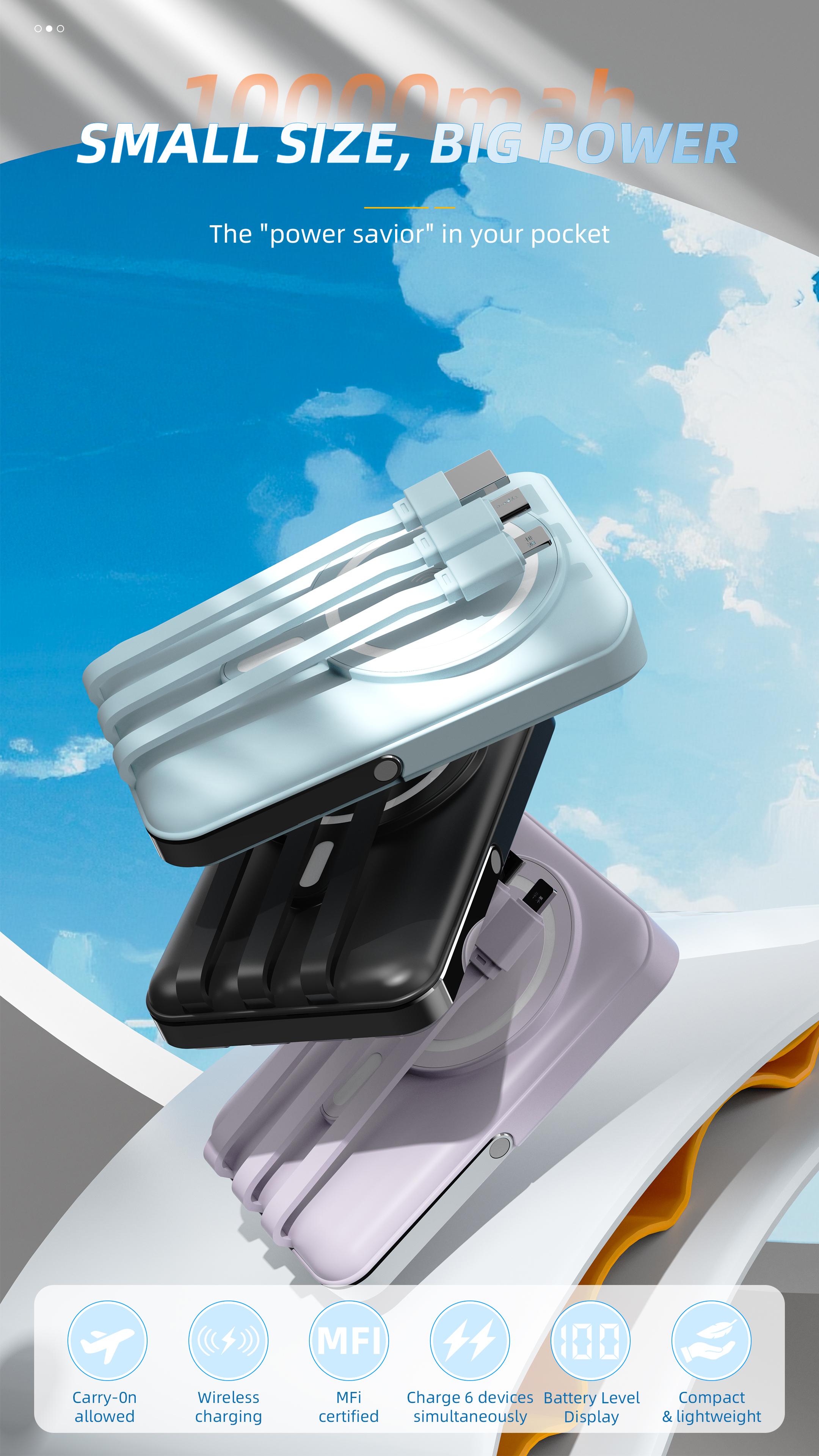 10000mAh foldable wireless portable power bank features a magnetic charging port, a USB-C data cable, an LED display, and supports magnetic battery packs, 22.5W PD fast charging, and is compatible with Android phones and smartphones. Christmas gift.