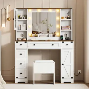 Farmhouse Vanity Desk with Mirror and Lights, 42" Makeup Vanity Set with Stool, Power Outlet, 3 Color Lighting Modes Bulbs, Drawers & Cabinets, Dressing Table for Bedroom, White