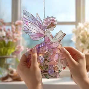 Reading Fairy Suncatcher, Pink Wing Fairy with Books Window Hanging Decor