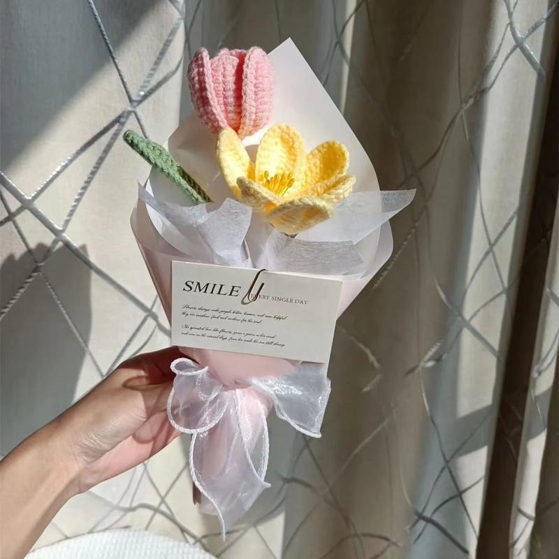 Handmade Crochet Flower Bouquet, 1 Bunch Decorative Artificial Flowers for Home Decor, Weddings, Parties & Anniversaries, Perfect Gift for Valentine’s Day, Birthday, Mother’s Day, Father’s Day & Thanksgiving