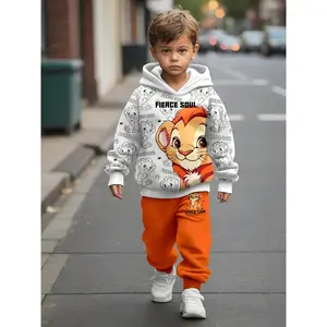 European And Baby Boy Autumn Winter Hot Selling Small Lion Print Hoodie Sweatpants Set Polyester Spandex Casual Fit JA348525