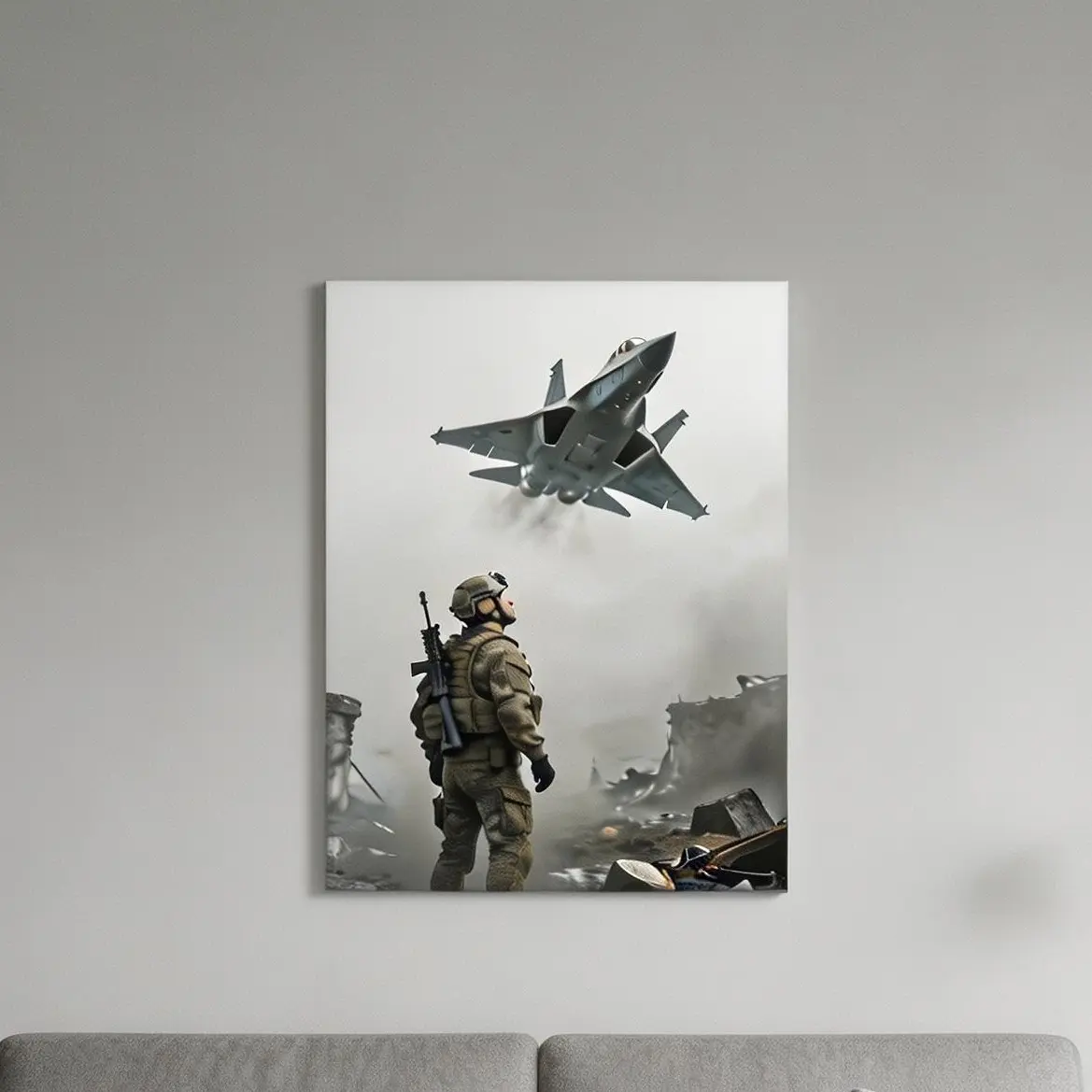 Anachronism Soldier & Fighter Jet Canvas Print, Surreal Military Wall Art, Home Decor Posters & Prints