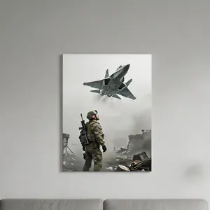 Anachronism Wall Art: Soldier & Fighter Jet Canvas Print | Surreal Military Decor
