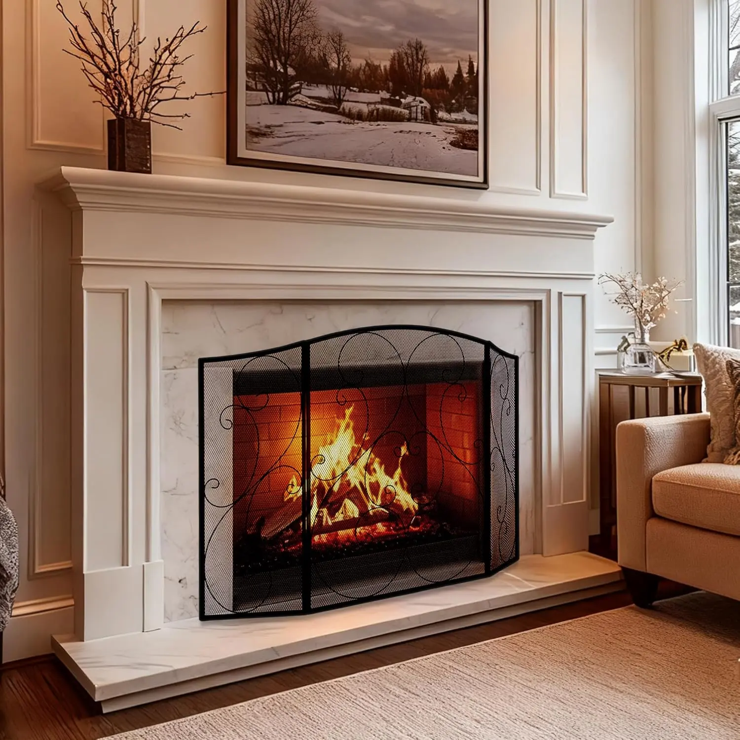 51-inch Fireplace Screen with Three-Piece Spark Guard, Foldable Wrought Iron Metal Door, Ideal for Living Room Home Decor