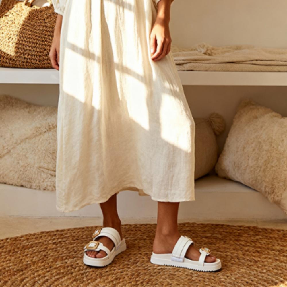 Women's Comfort Sandals – Dual Adjustable Buckle Slide, Arch Support, Breathable Summer Footwear for Daily & Outdoor Wear