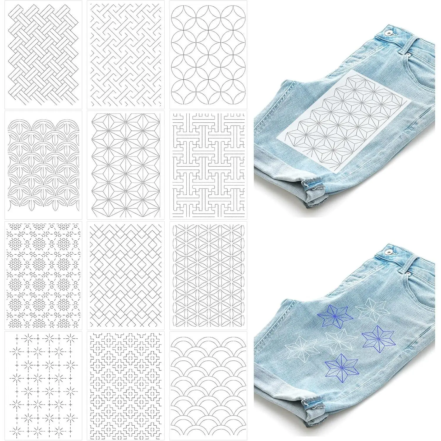 12 count Sashiko Embroidery  Stabilizers Water Soluble Embroidery Transfer Patterns Stencils Stick and Stitch Designs Sashiko Template for Sewing Hand Quilting