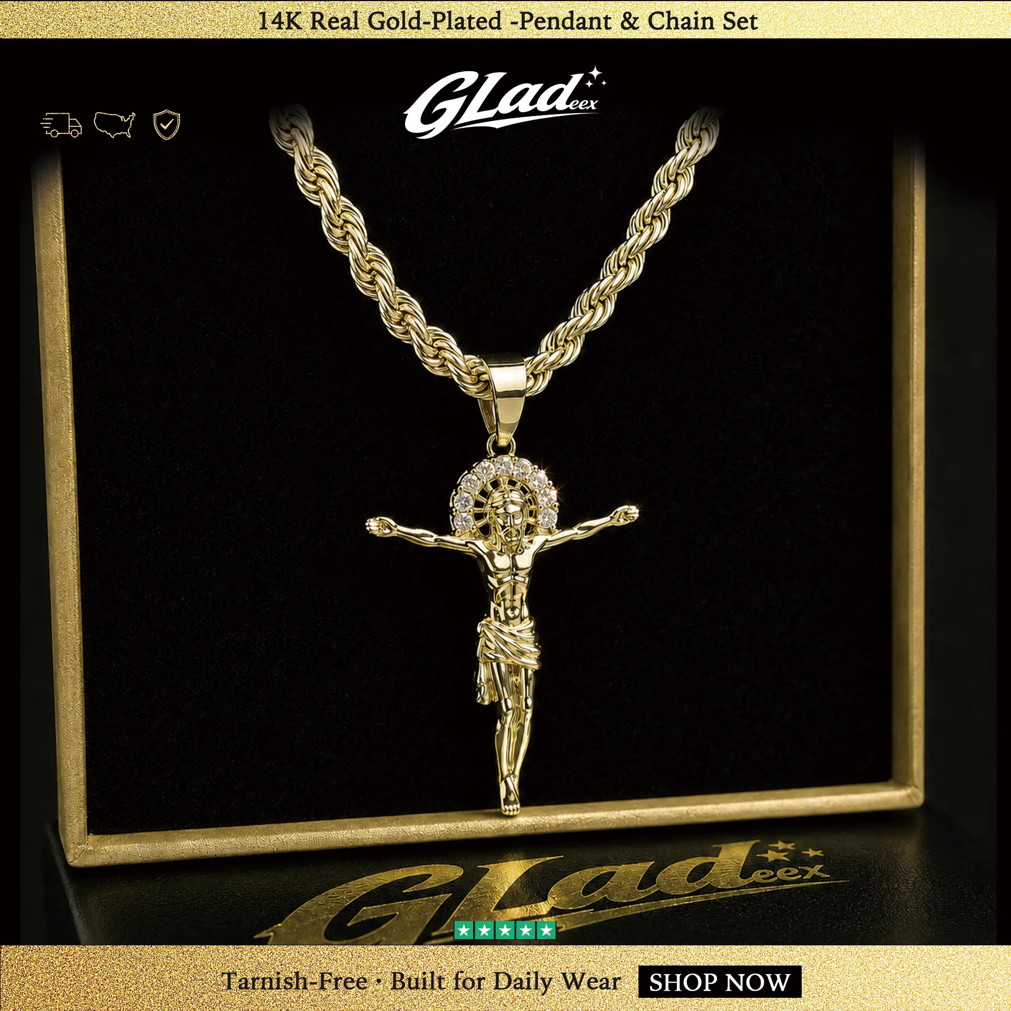 GLADEEX 14K Gold Plated Rope Chain Necklace for Men, 24 Inch Twisted Gold Chain with Jesus Pendant, Tarnish Resistant Hip Hop Religious Jewelry