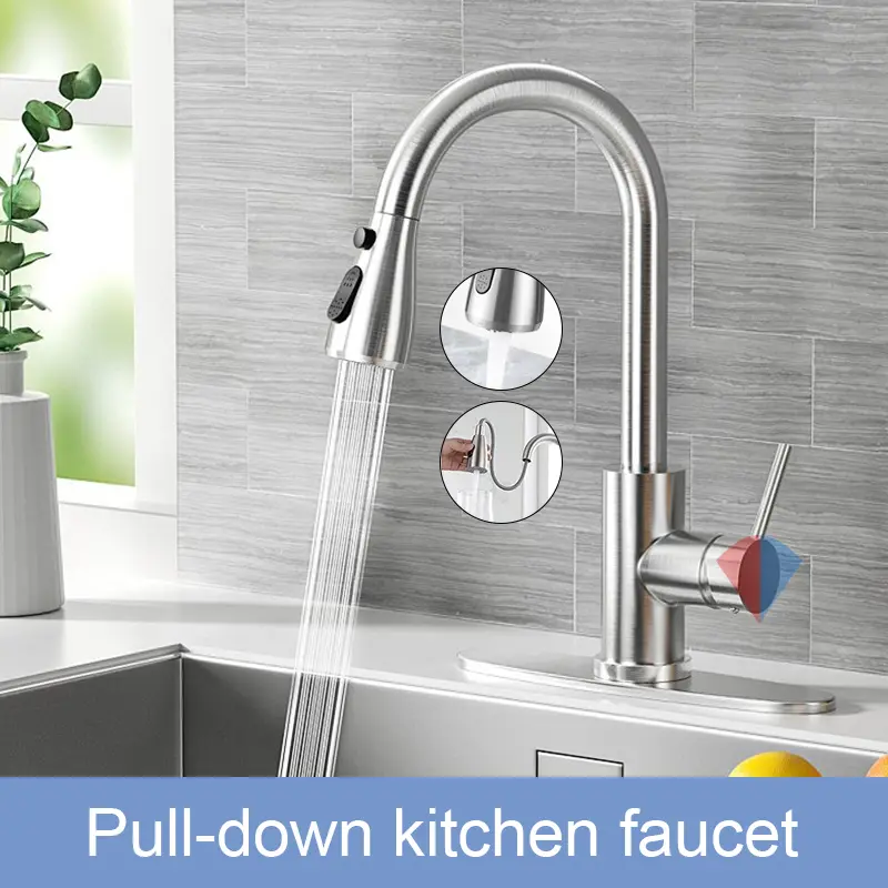 Kitchen Faucet with Pull-Down Spray(Non-Potable Water Use) Single Handle High Arc Commercial Stainless Steel Brushed Nickel Kitchen Sink Faucet with Deck Suitable for Bar Laundry RV Farmhouse