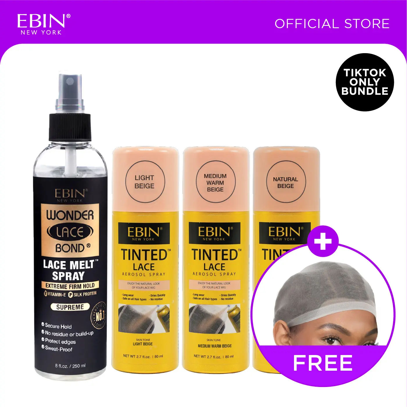 EBIN Tinted Lace Spray (Light Beige, Medium Warm Beige, Natural Beige) + Wonder Lace Bond Melt Spray Bundle with FREE Wig Cap | Natural Tone Match, Seamless Lace Melt