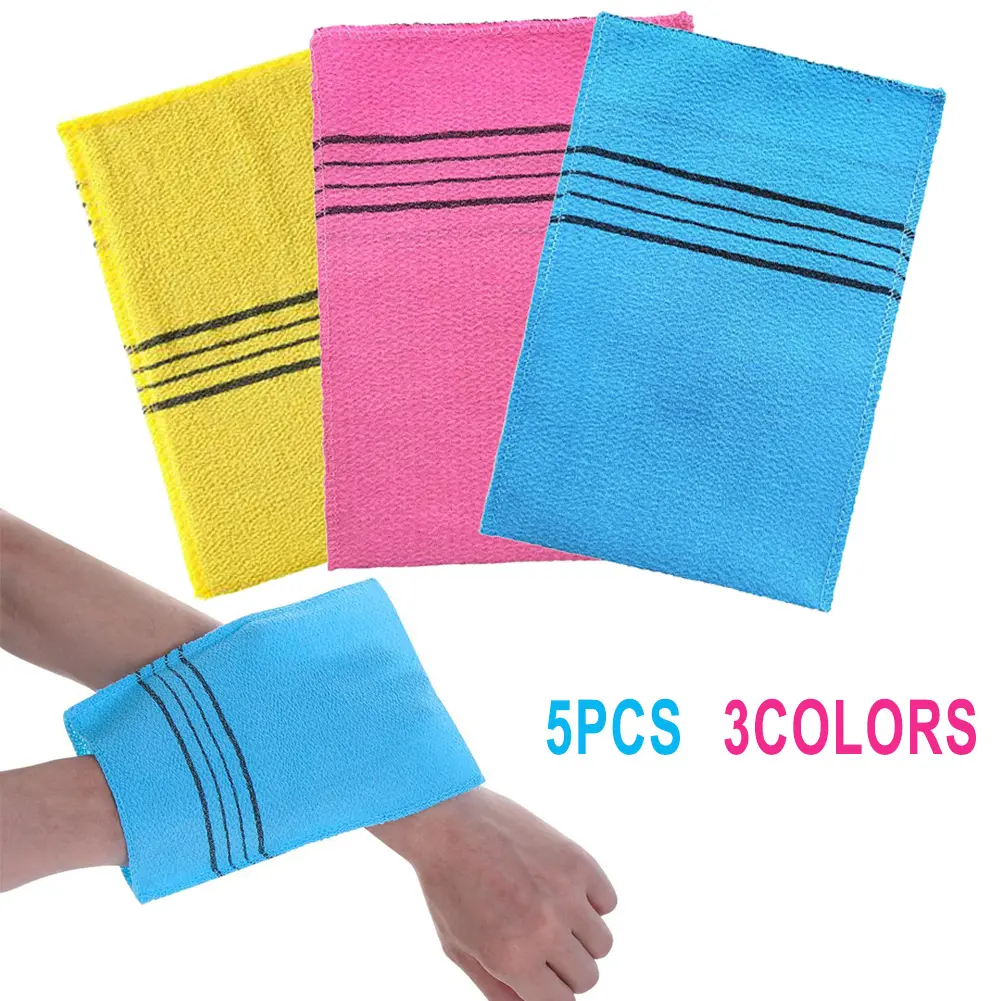 Korean Style Exfoliating Bath Towel 5-Pack, Polyester Scrubber Mitt for Gentle Shower Scrubbing, Deep Cleaning & Selfcare Tool for Adults, 14x18.5cm, Exfoliating Body Scrubber, High Quality