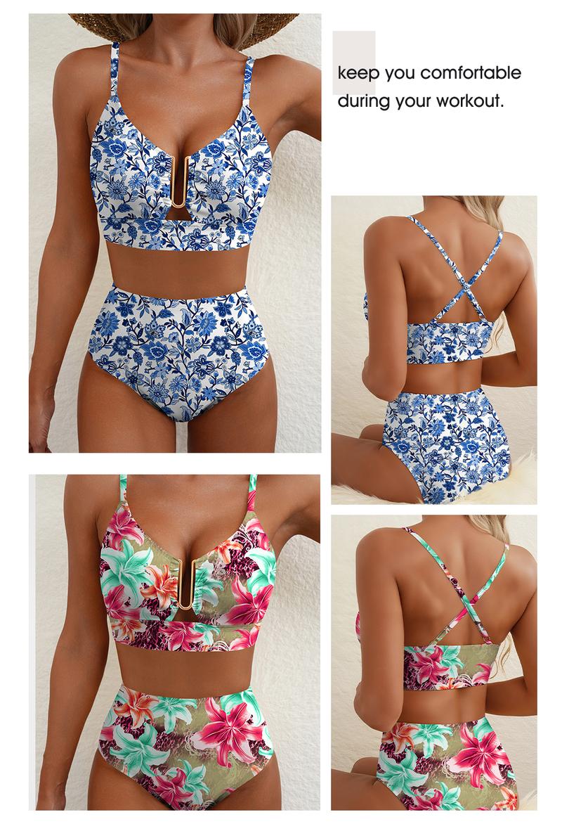 Aleumdr Floral High Waisted Bikini Set for Women – Sexy Two Piece Removable Pad Swimsuit with V Neck Adjustable Straps & Tummy Control Swimwear Swimming Beach