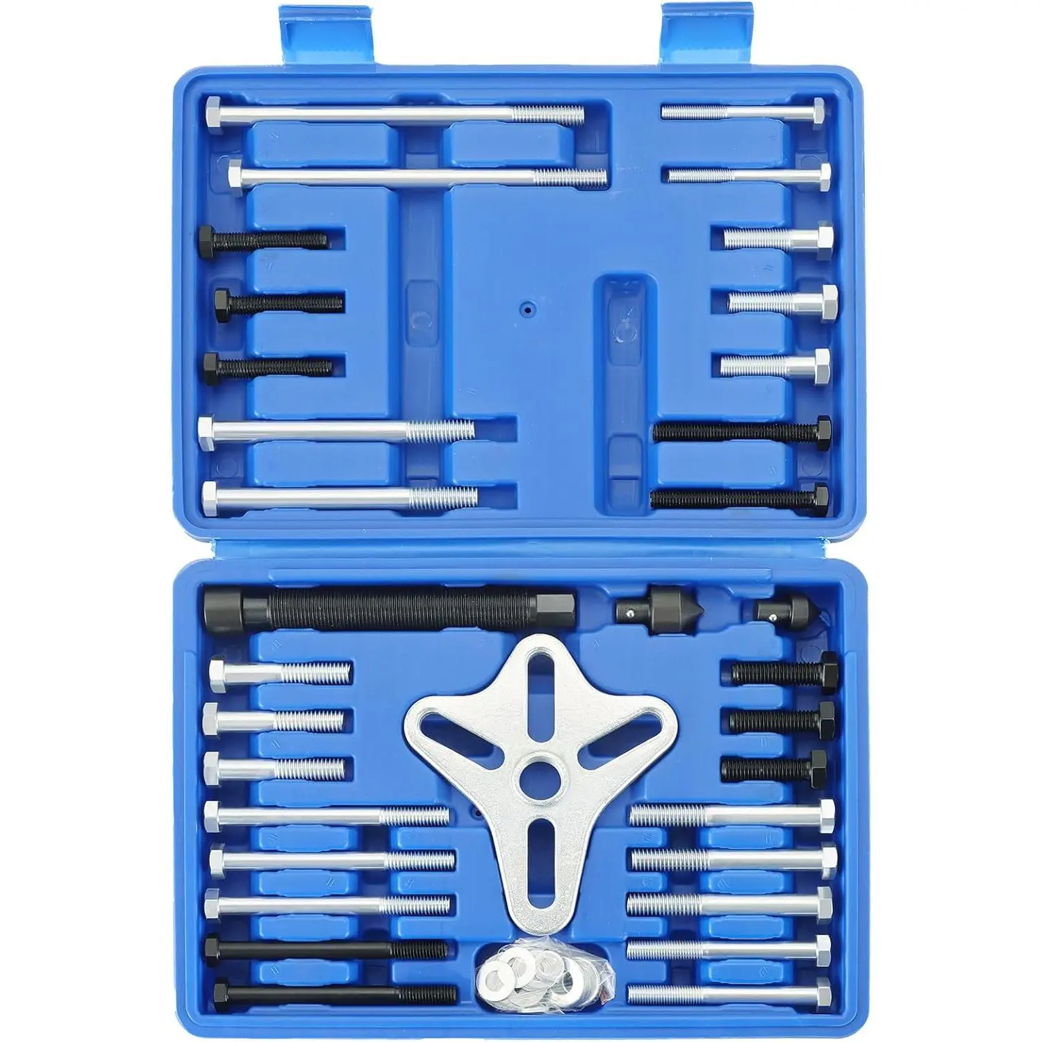 46PCS Build-to-Last Grade 8 Hardened Steel Multi-Use Automotive Tool Set - 3-Way Puller Flange, Harmonic Balancer Puller, Power Steering Pulley Installer, Steering Wheel Tool, Flywheel Remover for Gear Removal, Cars & Trucks (Blue)