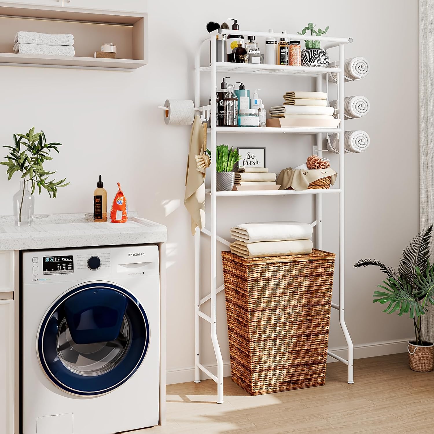 3 Tier Over The Toilet Storage Cabinet with Toilet Paper Holder Stand, Mass-Storage Over Toilet Bathroom Organizer, Space-Saving Rack Shelves Metal Deals For You Days