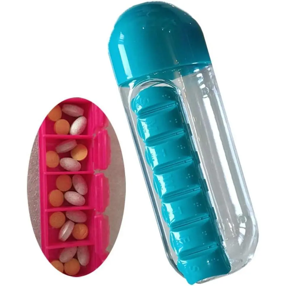 1PCS/2PCS 2-in-1 Supplement Pill Organizer - 600ml Water Bottle with 7-Day Supply Compartment for Vitamins, Supplement Organizer