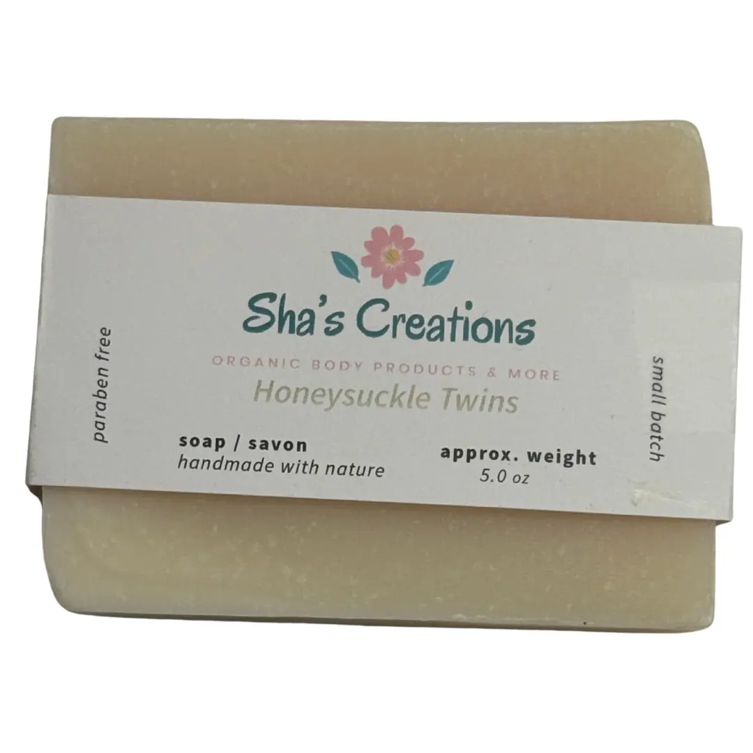Sha's Organic Skincare Honeysuckle Twins Therapeutic 5oz Chemical-Free Gentle Solid Bar Soap - Bath & Body Cleanser, Calming Mind & Skin Soother, Hydration Moisturizer, Normal Skin Repair (Single Item, 24 Months Shelf Life, Soft Smooth Feel)