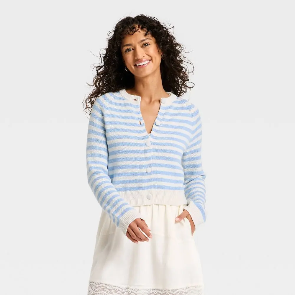 Women's Crewneck Cotton Cardigan - Long Sleeves, Jersey Fabric, Everyday Garment, Universal Fit, Ribbed