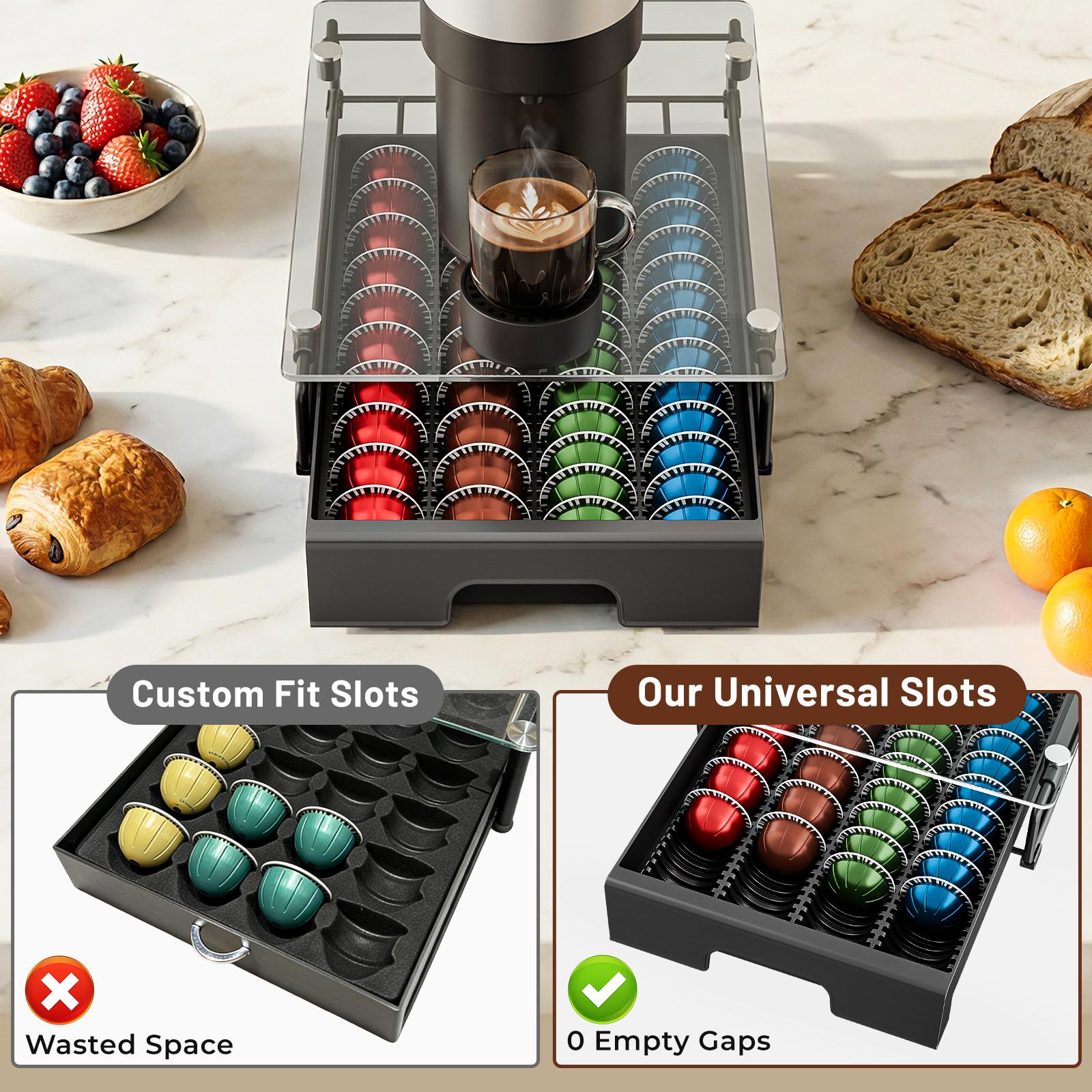 EVERIE Crystal Clear Tempered Glass Coffee Pod Drawer Durable Metal Frame Slide-out Organizer Holder Box Compatible With Nespresso Vertuo Capsules Holds 40 7.77 floz / 52 1.35 floz for Coffee Bar & Kitchen Countertop