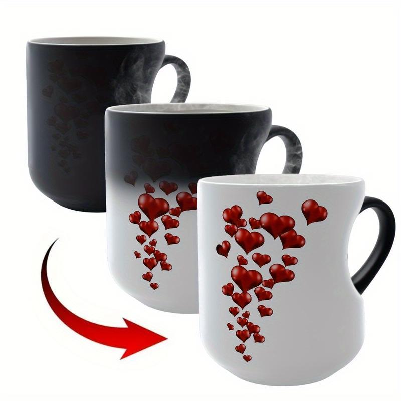 1pc Heart-Shaped Color Changing Ceramic Mug - Hot/Cold Thermochromic Design, Red Heart Pattern, Reusable Coffee Cup for Valentine'S Day, Christmas, Birthdays - Perfect Gift for Holidays & Special Occasions, Coffee Bar Accessories, Festive Drinkware, Roman