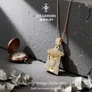 ICE GARDENJEWELRY 24-inch Gold Chain, Full Diamond Jesus Head with Rose Crown Pendant, Copper Inlaid Zircon Hip-Hop Necklace