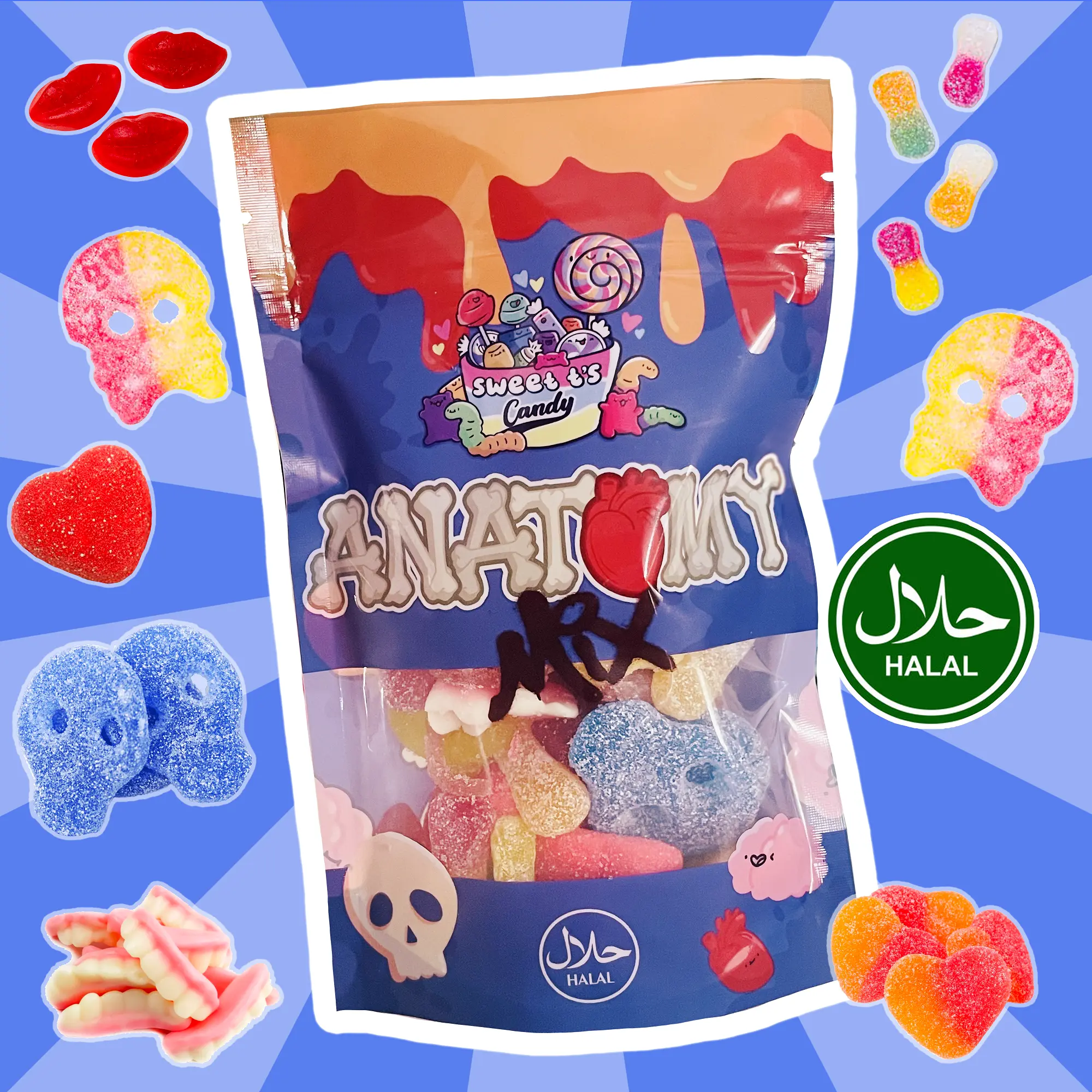 Halal Anatomy Themed Gummy Candy Mix – Spooky Sweet & Sour Gummies with Sour Blue Raspberry Skulls, Sour BUBS Skulls, Cherry Teeth, Sour Tongues, Peach Hearts, and More