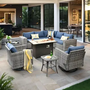 OVIOS 10-Piece Outdoor Patio Furniture with Fire Pit Table, Wicker Sofa with Wide Armrests & Swivel Rocking Chairs, Conversation Set for Backyard Patio Porch Deck Garden Balcony Outdoor Seating