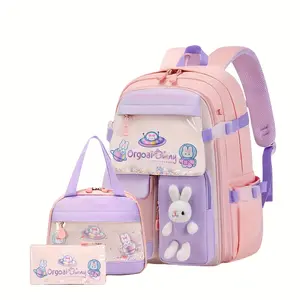 (New)Cute Rabbit Girls Backpack Three-Piece Set: Includes Handbag and Pencil Case, Lightweight Nylon Material, Adjustable Straps