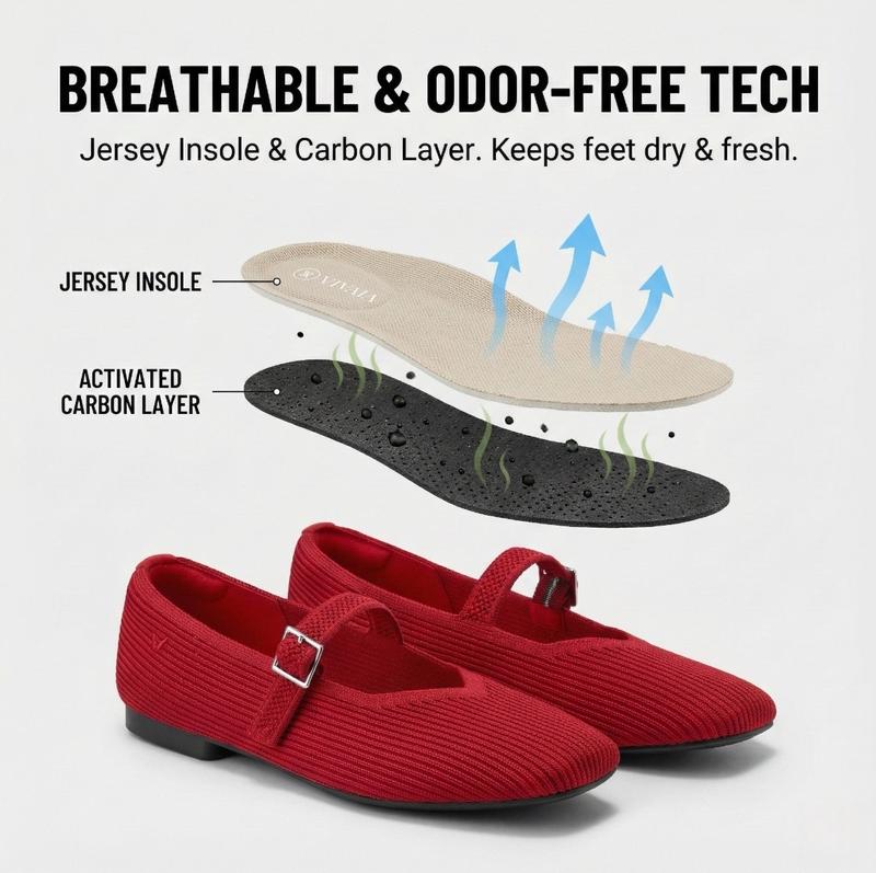 VIVAIA Women's Square-Toe Knit Mary Janes Ballet Flats,Adjustable Strap With Herbal Arch Support Insole,Machine Washable / Blister-Free Heel / Foldable & Lightweight Retro Chic (Margot Mary Janes) Free Shoe Charm Designated Color Until Sold Out Randomly