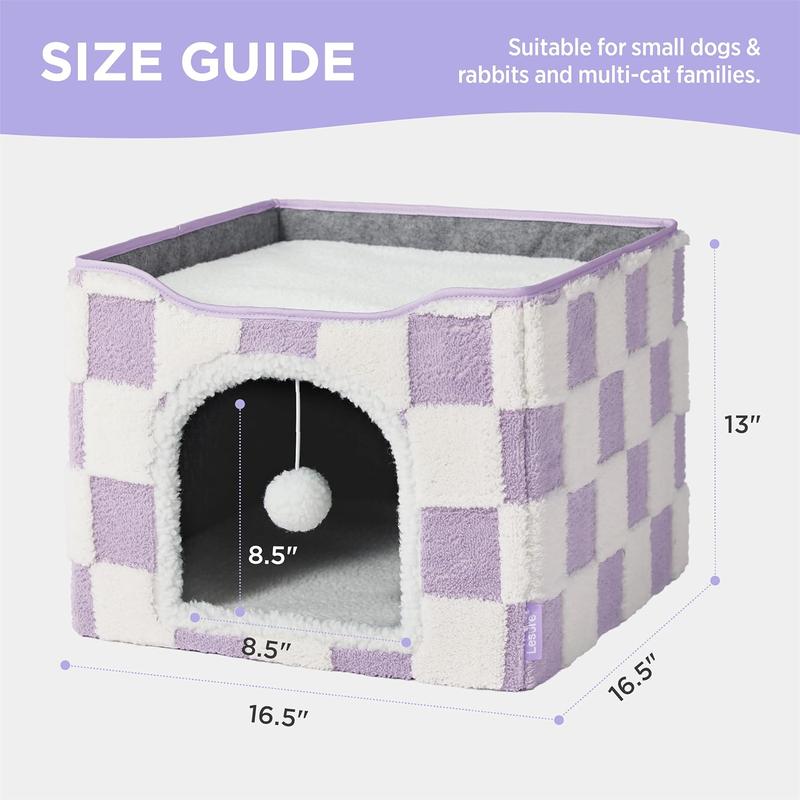 Lesure Indoor Cat Beds Kitten House - Large Cat Cave for Pet Cube with Fluffy Ball Hanging, Foldable Small Animal Hideaway, 16.5x16.5x13 inches,