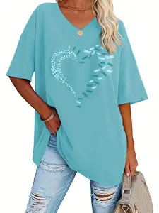 's Plus Size Turquoise Blue Mermaid Scale Heart Print Short Sleeve Blouse - 1XL to 5XL Stretch Round Neck Casual Summer Tops, Shimmering Turquoise Shirt for Beach Parties & Casual Attire (Machine Washable)