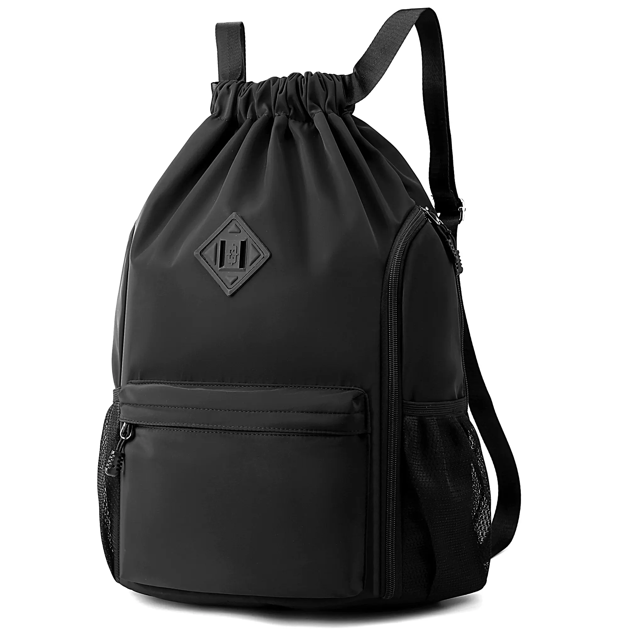 NEYRAT Waterproof Nylon Sporty Drawstring Backpack for Men & Women - Outdoor Fitness & Everyday Bag with 2 Water Bottle Holders and Zipper Pockets, Outdoor Fitness Bag, Draw String Bag
