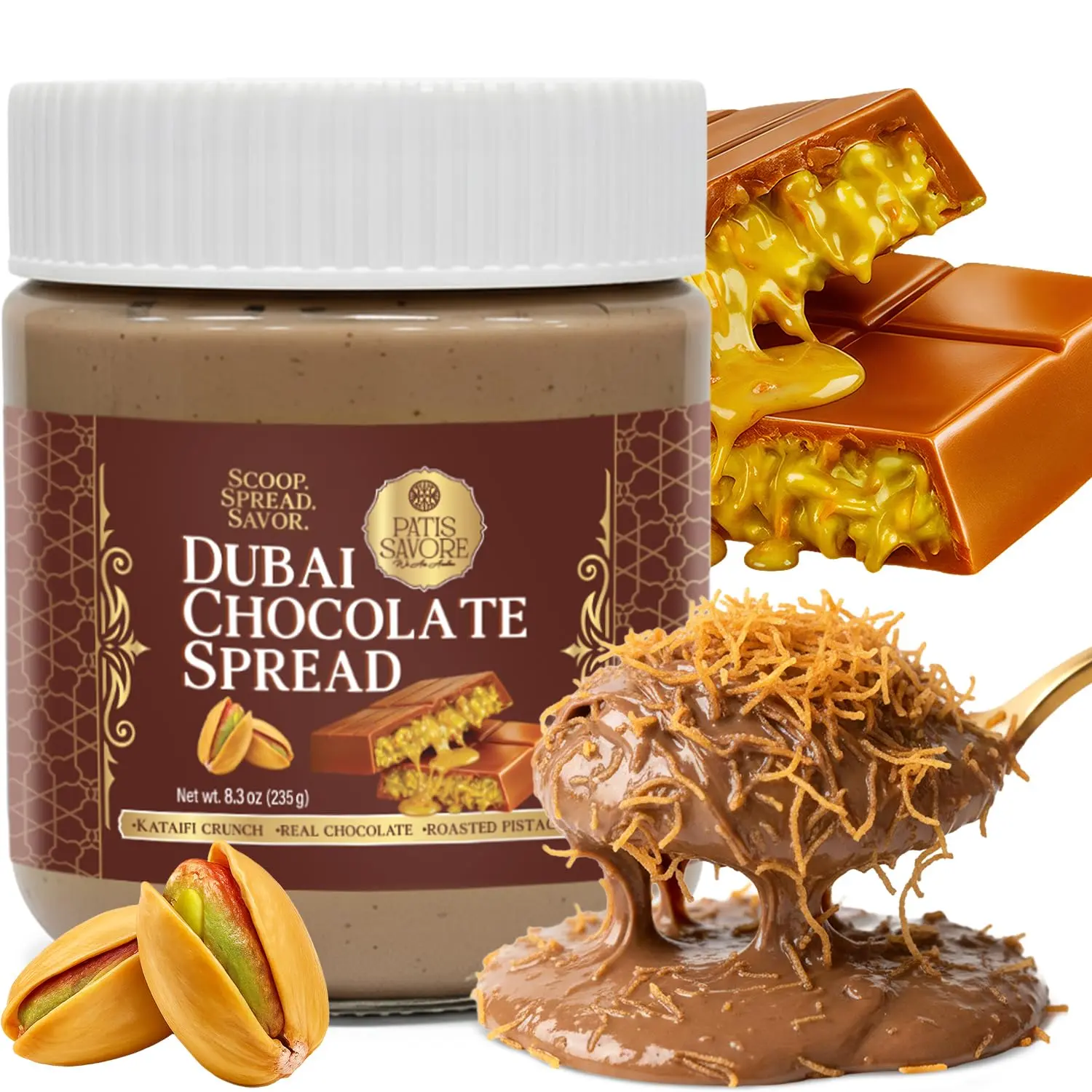 Sweet Dubai Chocolate Spread with Kataifi Pistachio Cream - 8.3oz Premium Middle Eastern Pantry Delight, Rich Creamy Texture, Gourmet Gift Item