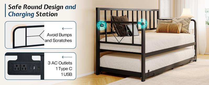 VanAcc Twin Daybed with Charging Station and LED Lights, Versatile Bed Frame with Steel Slats Support, Daybed with Trundle for Living Room, Bedroom, Guest Room VanAcc Twin Daybed with Charging Station and LED Lights, Versatile Bed Frame with Steel Slats Support, Daybed with Trundle for Living Room, Bedroom, Guest Room
