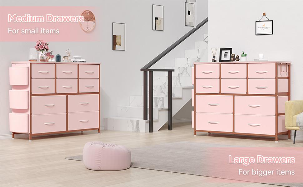 【Garvee】10 Drawer Pink Dresser for Kids Room, Freestanding Storage Cabinet with Wood Top for Girls Bedroom or Playroom