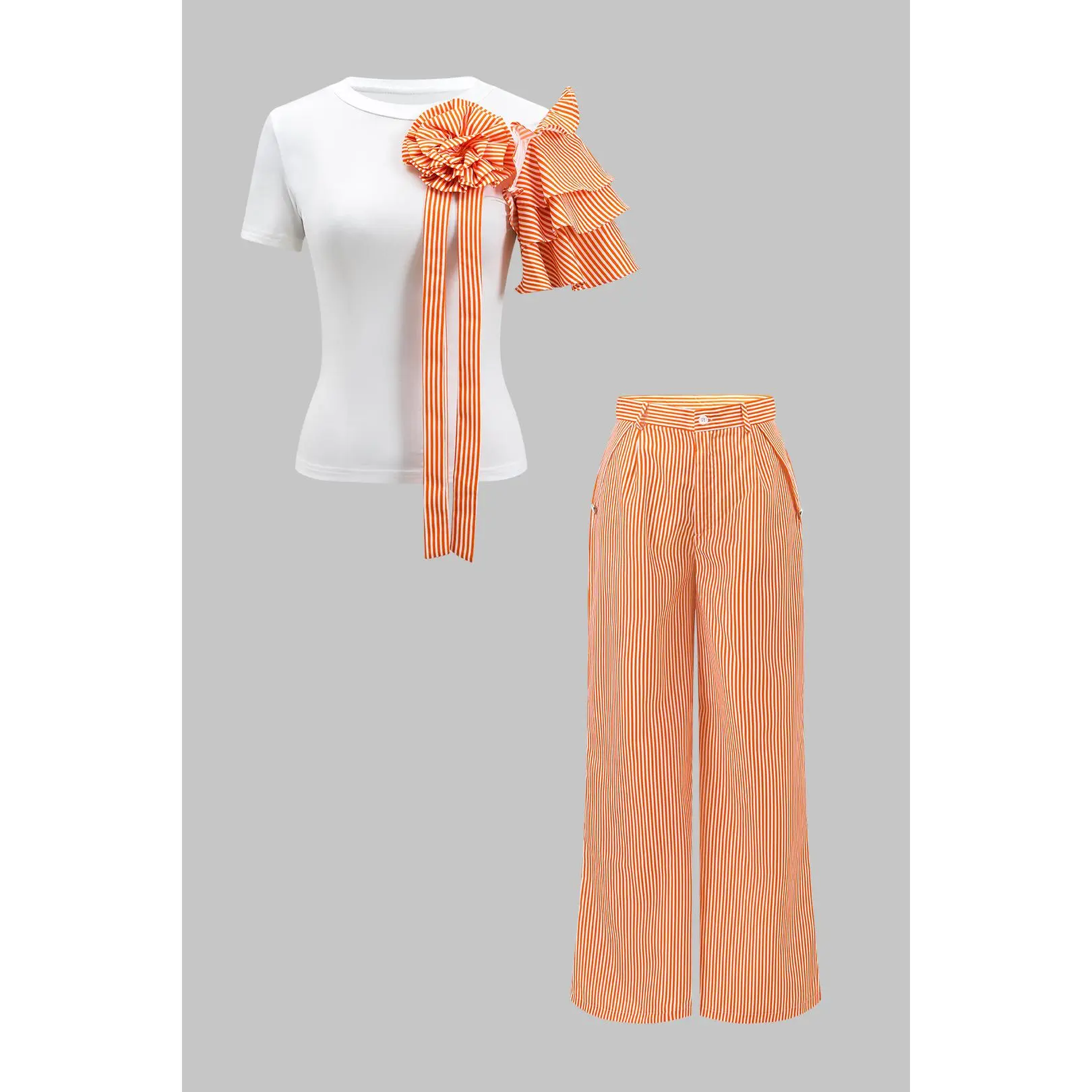 Stripe Print 3D Floral Short Sleeve Top And Button Wide Leg Trousers Set