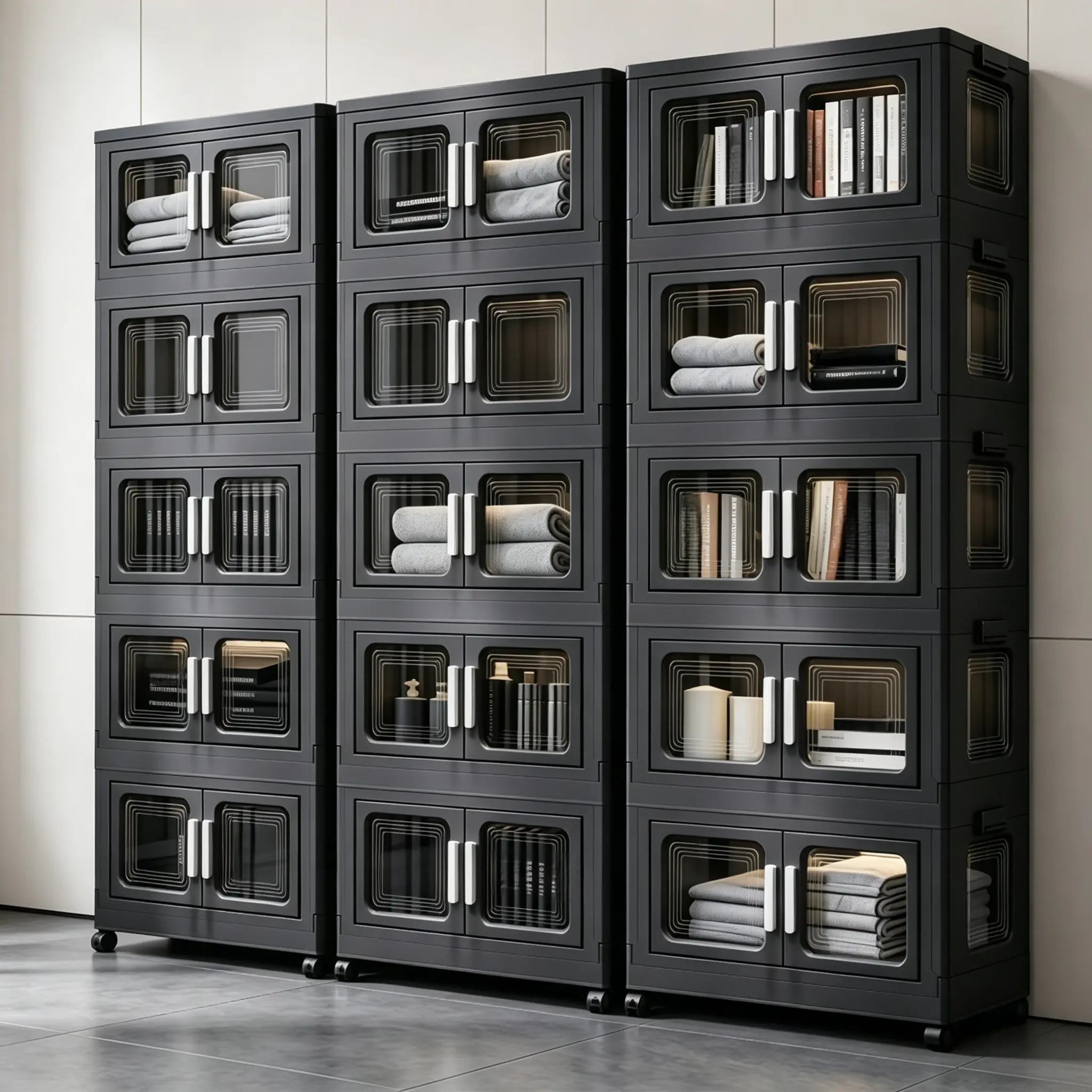 2/3/4/5 Tier Foldable Storage Cabinet with Magnetic Clear Doors & 360° Wheels – Stackable Plastic Storage Bins with No Tools Assembly, Rolling Organizer for Bathroom, Bedroom, Kitchen, Office, Dorm, Space-Saving Dark Gray Multi-Purpose Storage