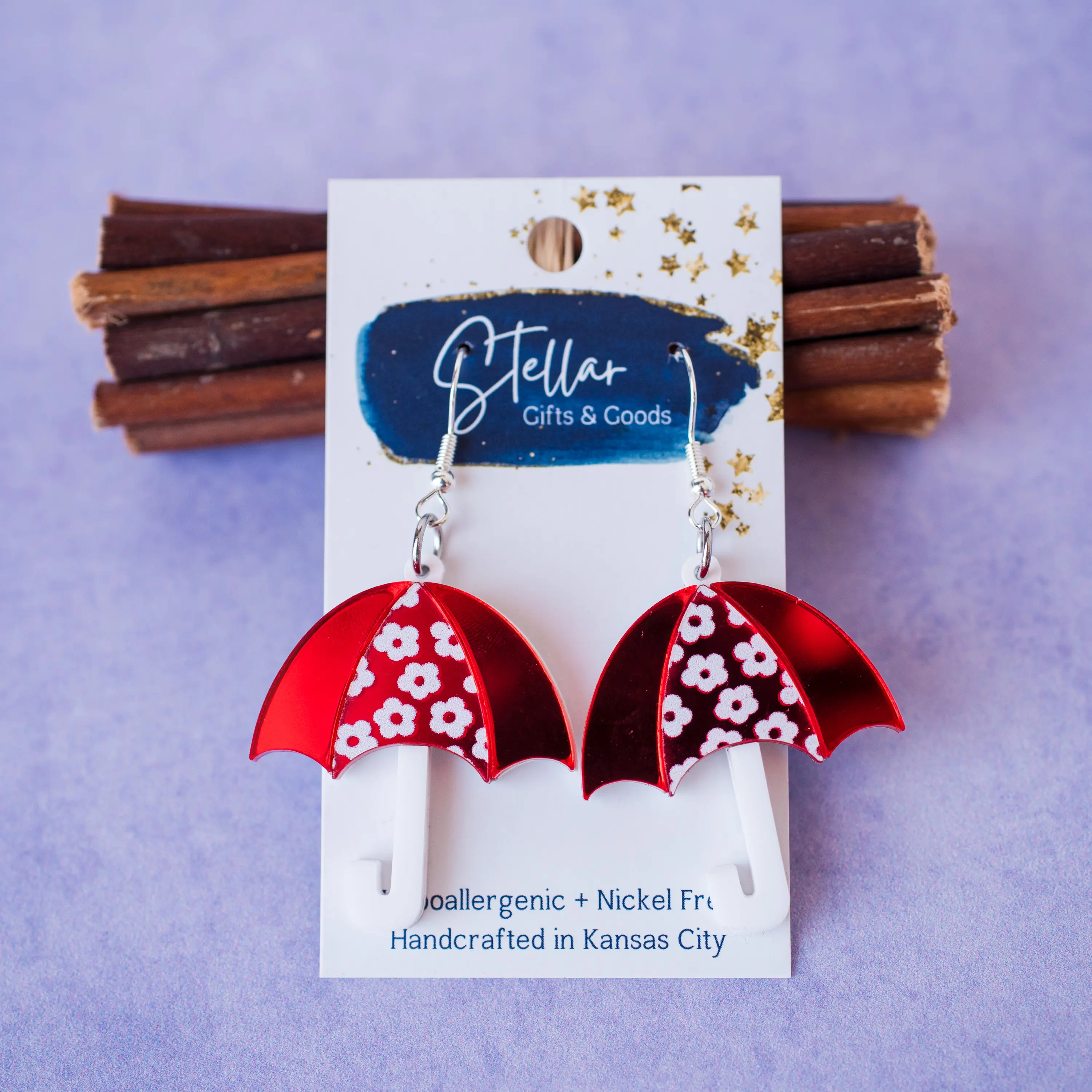 Red Daisy Mirror Umbrella Dangle Earrings