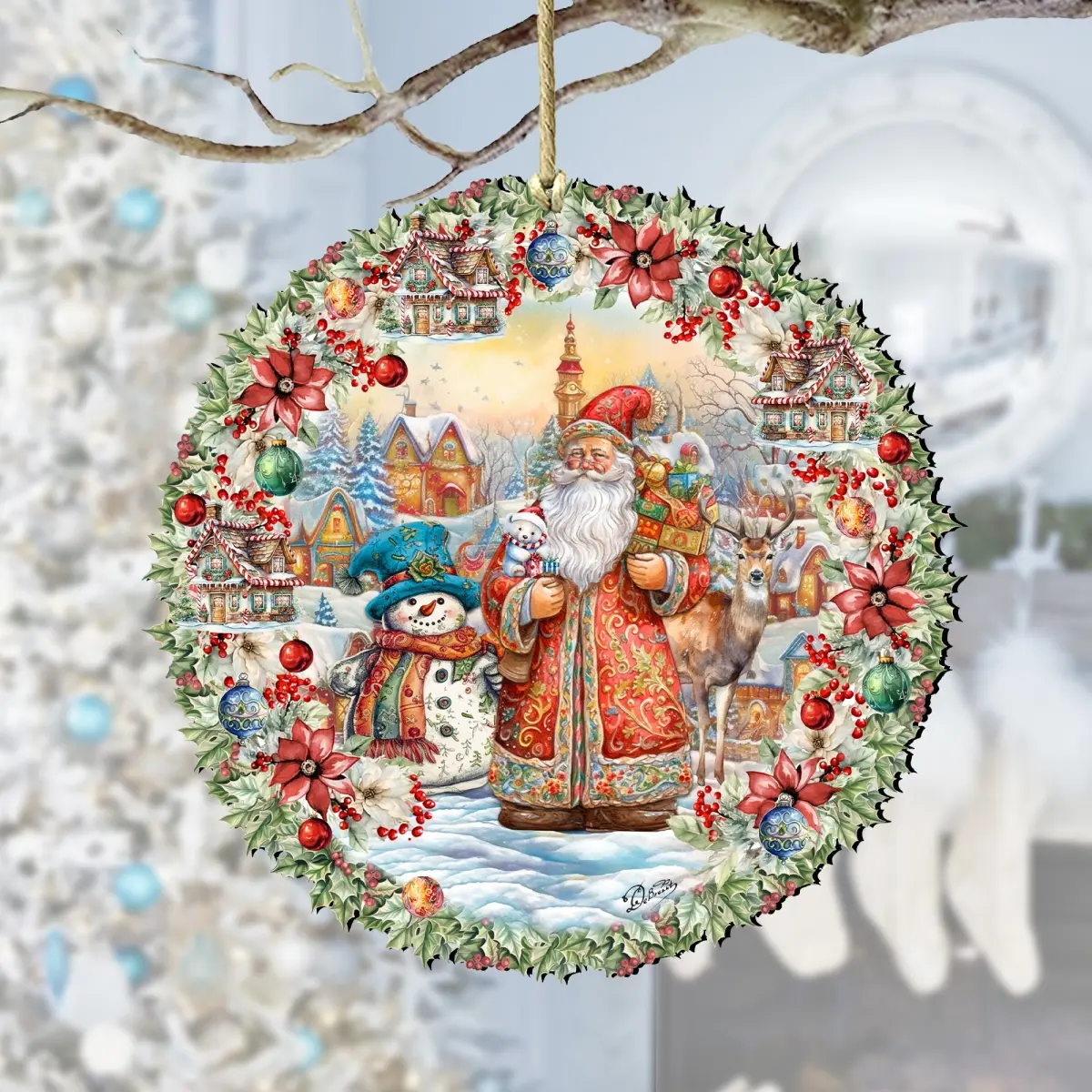 Designocracy 8611069 Handmade UV-Resistant Sturdy Wooden Christmas Ornaments, 5x5.5x0.25in Santa-Snowman-Wreath Decorations, Festive Home Collectibles with Gift Bag for Holiday Gifting