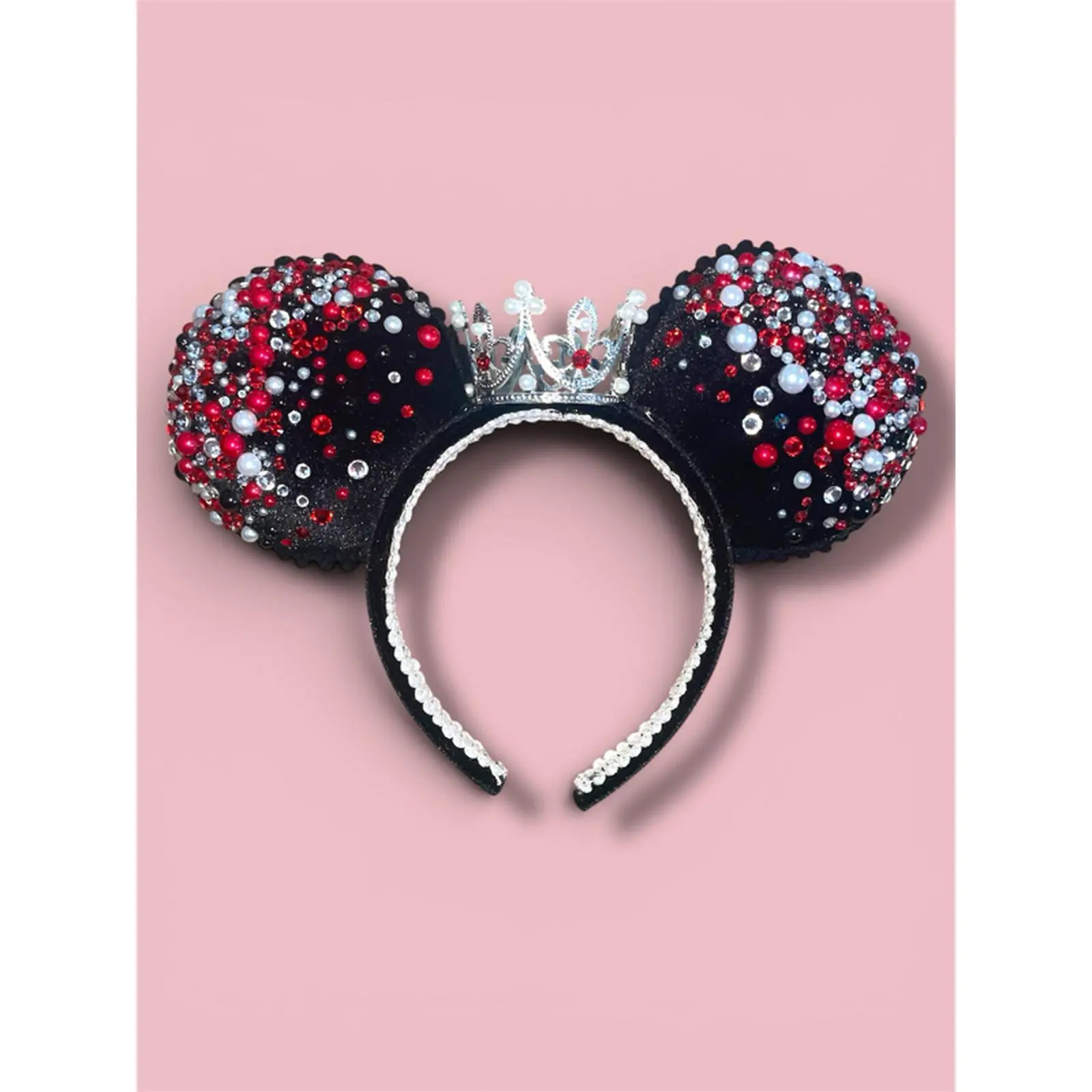 Red Crowned Royal Ears with Red Black and White Rhinestones and Rhinestone Crown